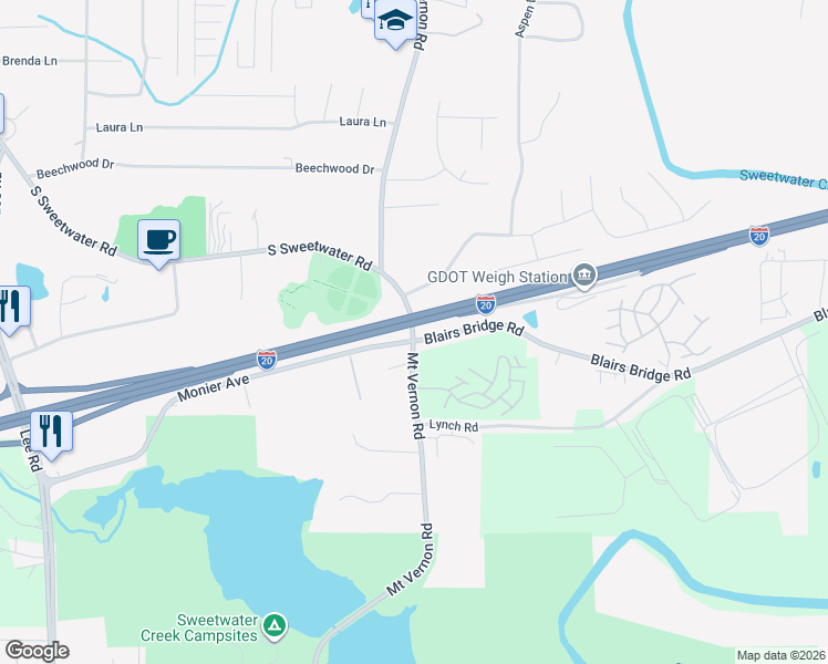 map of restaurants, bars, coffee shops, grocery stores, and more near 1265 Mount Vernon Road in Lithia Springs