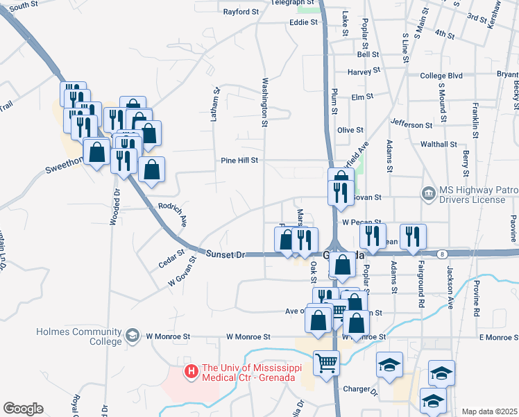 map of restaurants, bars, coffee shops, grocery stores, and more near 875 West Govan Street in Grenada