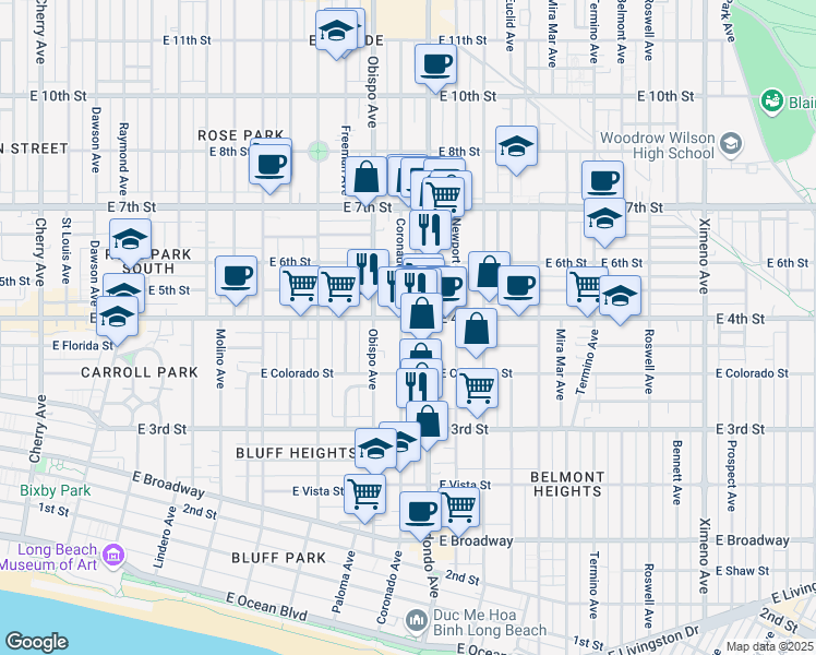 map of restaurants, bars, coffee shops, grocery stores, and more near 392 Coronado Avenue in Long Beach