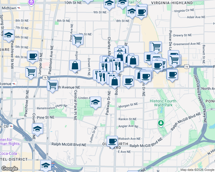 map of restaurants, bars, coffee shops, grocery stores, and more near 620 Parkway Drive Northeast in Atlanta