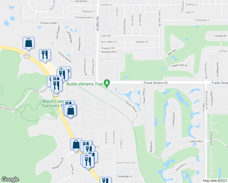 map of restaurants, bars, coffee shops, grocery stores, and more near 29 Tennis Club Drive in Rancho Mirage