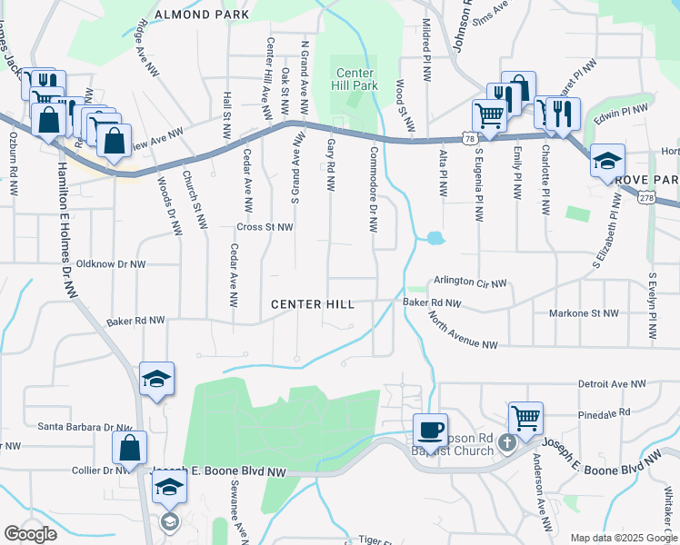 map of restaurants, bars, coffee shops, grocery stores, and more near 2218 Baker Terrace Northwest in Atlanta