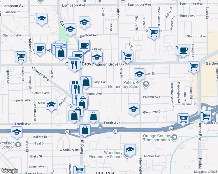 map of restaurants, bars, coffee shops, grocery stores, and more near 13211 Sandra Place in Garden Grove
