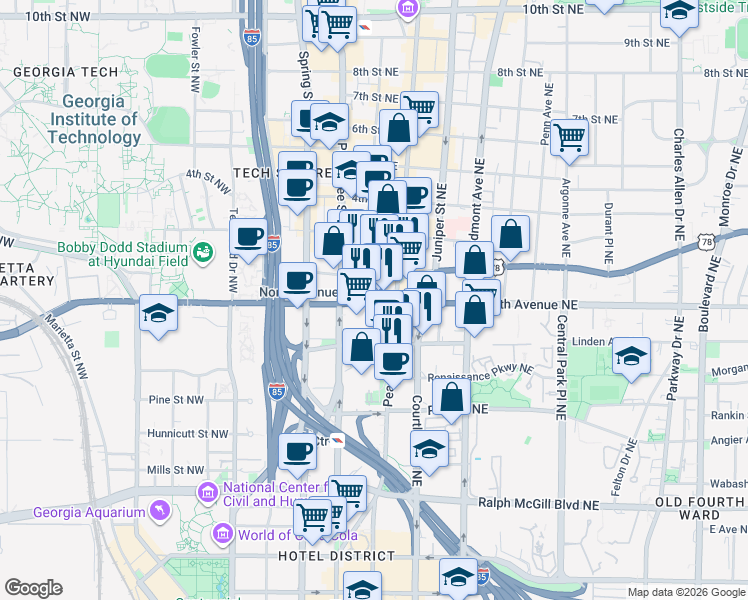 map of restaurants, bars, coffee shops, grocery stores, and more near 620 Peachtree St in Atlanta