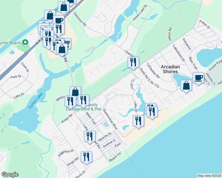 map of restaurants, bars, coffee shops, grocery stores, and more near 300 Cumberland Terrace in Myrtle Beach