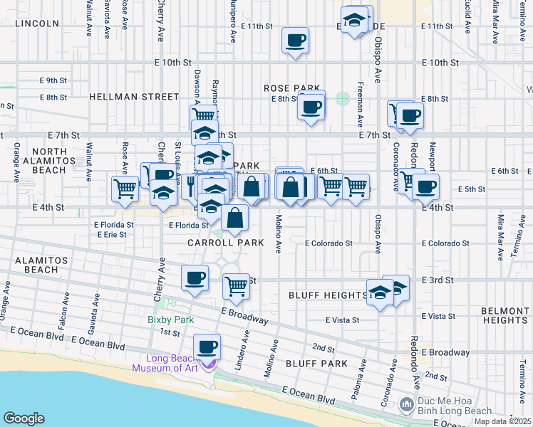 map of restaurants, bars, coffee shops, grocery stores, and more near 2500 East 4th Street in Long Beach