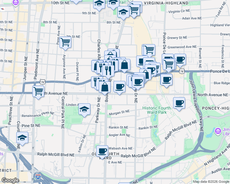 map of restaurants, bars, coffee shops, grocery stores, and more near 616 Kennesaw Avenue Northeast in Atlanta