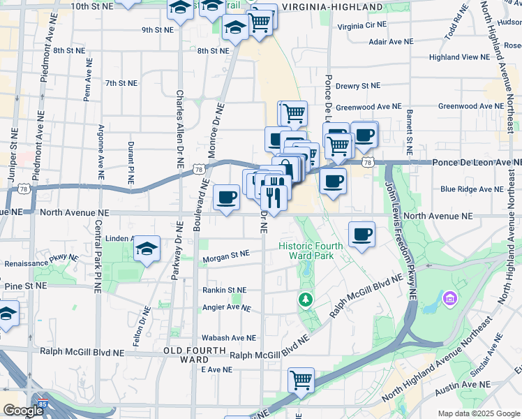 map of restaurants, bars, coffee shops, grocery stores, and more near 620 Glen Iris Drive Northeast in Atlanta