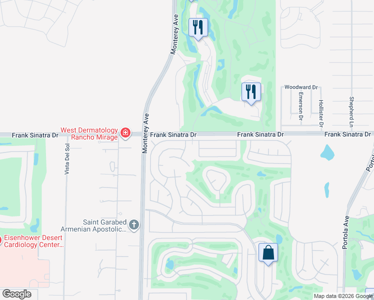 map of restaurants, bars, coffee shops, grocery stores, and more near 38211 Pigeon Springs Drive in Palm Desert