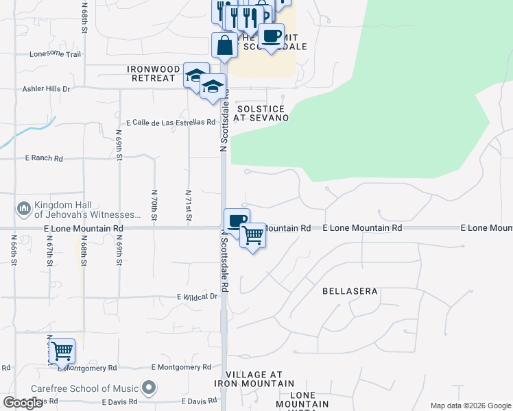 map of restaurants, bars, coffee shops, grocery stores, and more near 7262 E Lower Wash Pass in Scottsdale