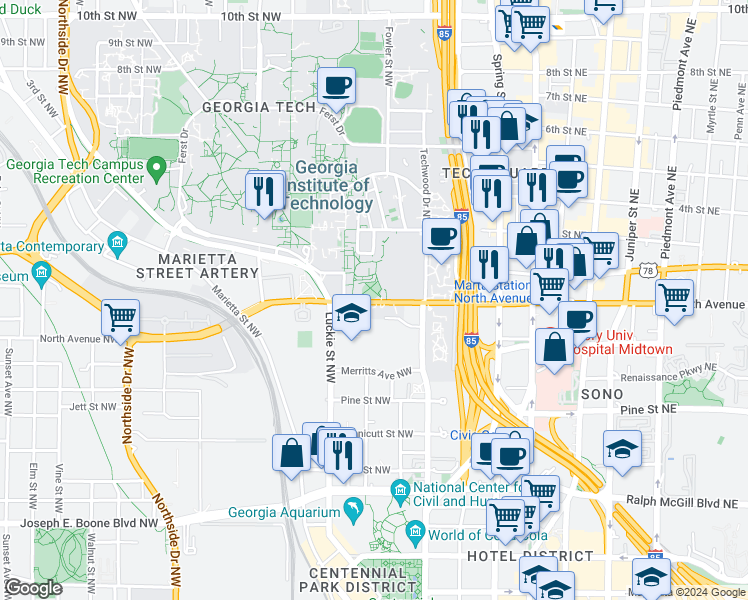 map of restaurants, bars, coffee shops, grocery stores, and more near 215 North Avenue Northwest in Atlanta