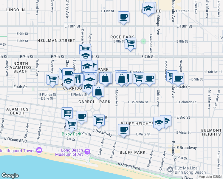 map of restaurants, bars, coffee shops, grocery stores, and more near 2500 East 4th Street in Long Beach