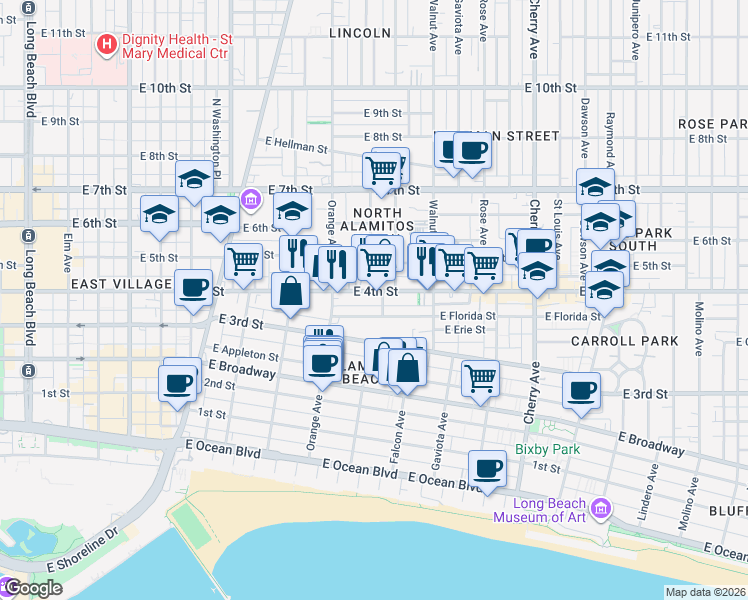 map of restaurants, bars, coffee shops, grocery stores, and more near 1335 East Florida Street in Long Beach
