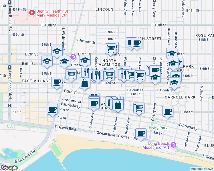 map of restaurants, bars, coffee shops, grocery stores, and more near 1260 East 4th Street in Long Beach