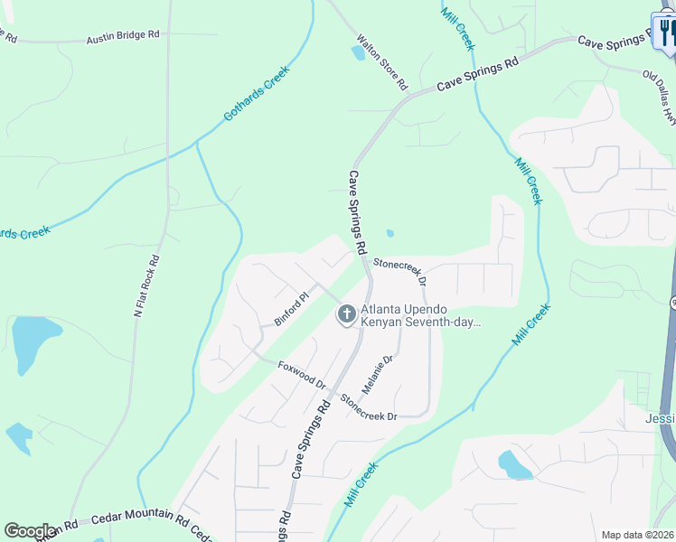 map of restaurants, bars, coffee shops, grocery stores, and more near 5751 Castlebrook Drive in Douglasville