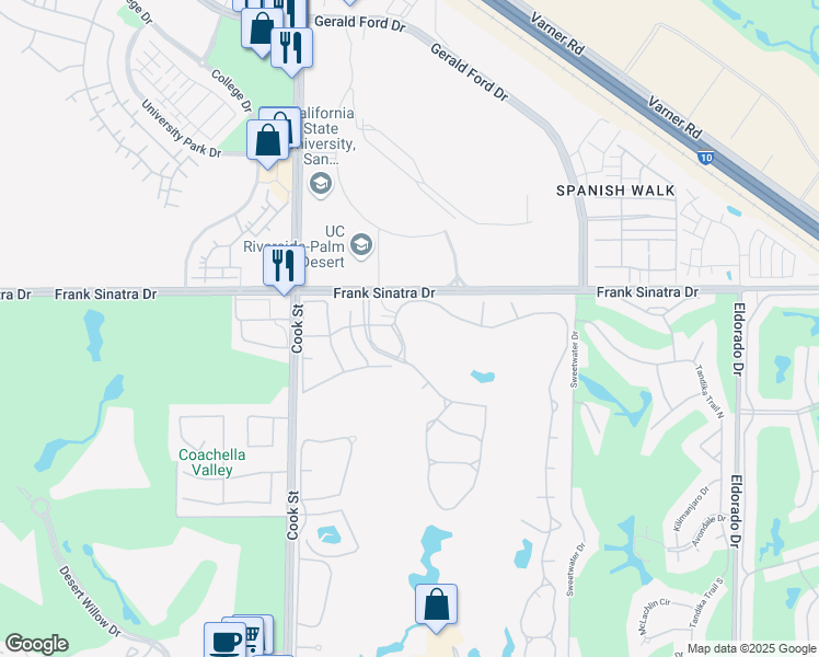 map of restaurants, bars, coffee shops, grocery stores, and more near 370 Muirfield Drive in Palm Desert