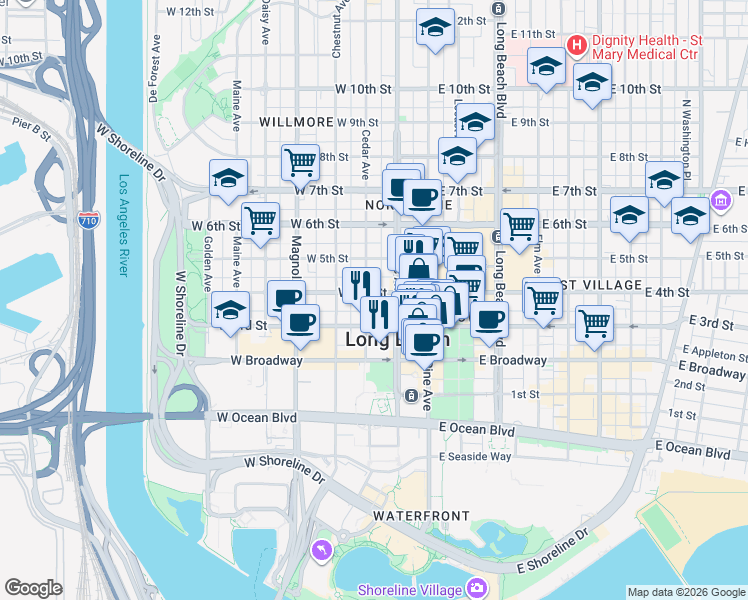 map of restaurants, bars, coffee shops, grocery stores, and more near 350 Cedar Avenue in Long Beach