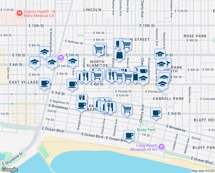 map of restaurants, bars, coffee shops, grocery stores, and more near 1506 East 4th Street in Long Beach