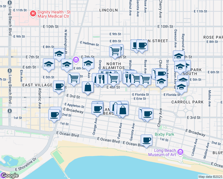 map of restaurants, bars, coffee shops, grocery stores, and more near 1260 East 4th Street in Long Beach