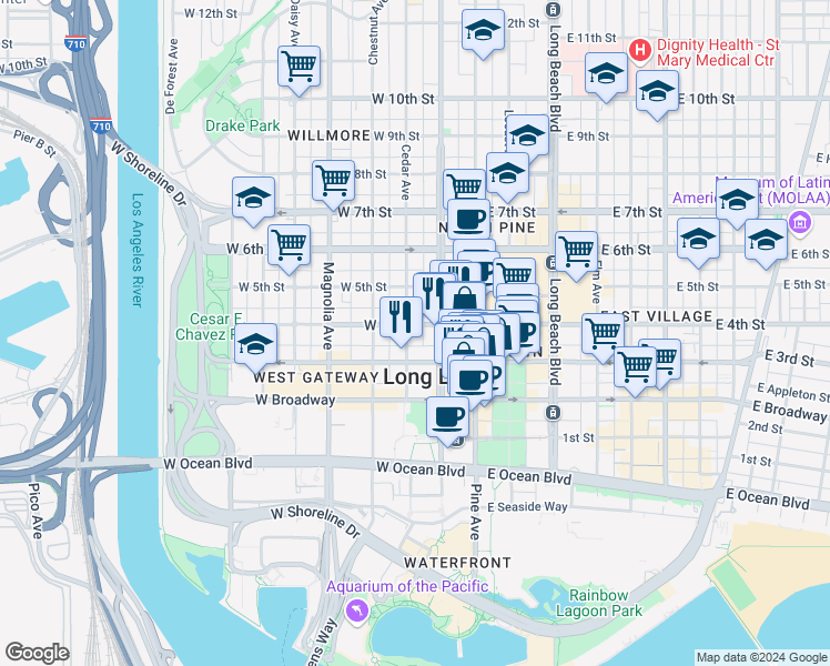 map of restaurants, bars, coffee shops, grocery stores, and more near 350 Cedar Avenue in Long Beach