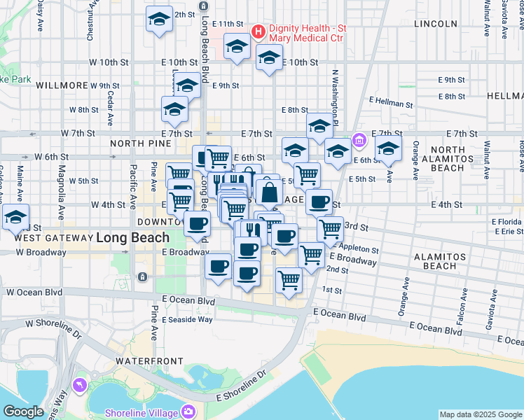 map of restaurants, bars, coffee shops, grocery stores, and more near 518 East 4th Street in Long Beach