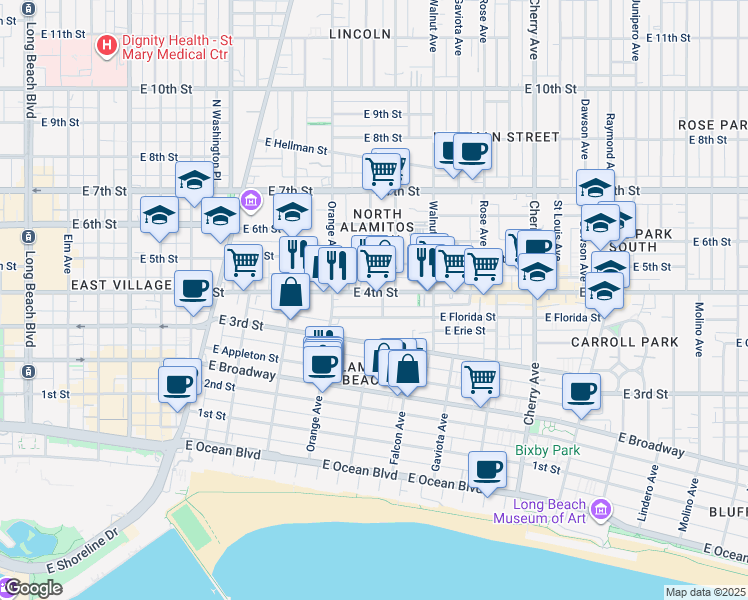map of restaurants, bars, coffee shops, grocery stores, and more near 1280 East 4th Street in Long Beach
