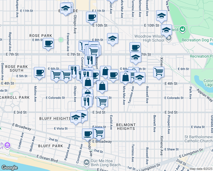 map of restaurants, bars, coffee shops, grocery stores, and more near 3600 East 4th Street in Long Beach