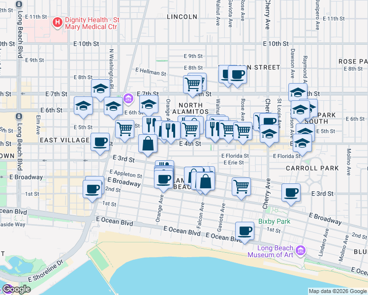 map of restaurants, bars, coffee shops, grocery stores, and more near 1250 East 4th Street in Long Beach