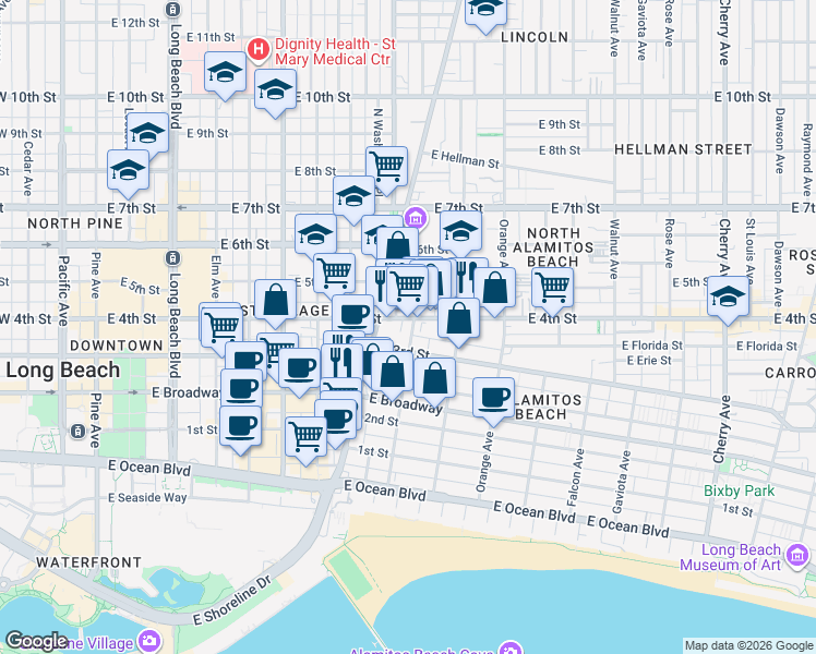 map of restaurants, bars, coffee shops, grocery stores, and more near 955 East 3rd Street in Long Beach