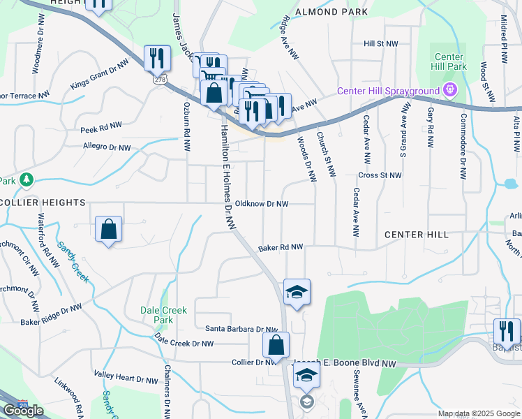 map of restaurants, bars, coffee shops, grocery stores, and more near 2584 Oldknow Drive Northwest in Atlanta