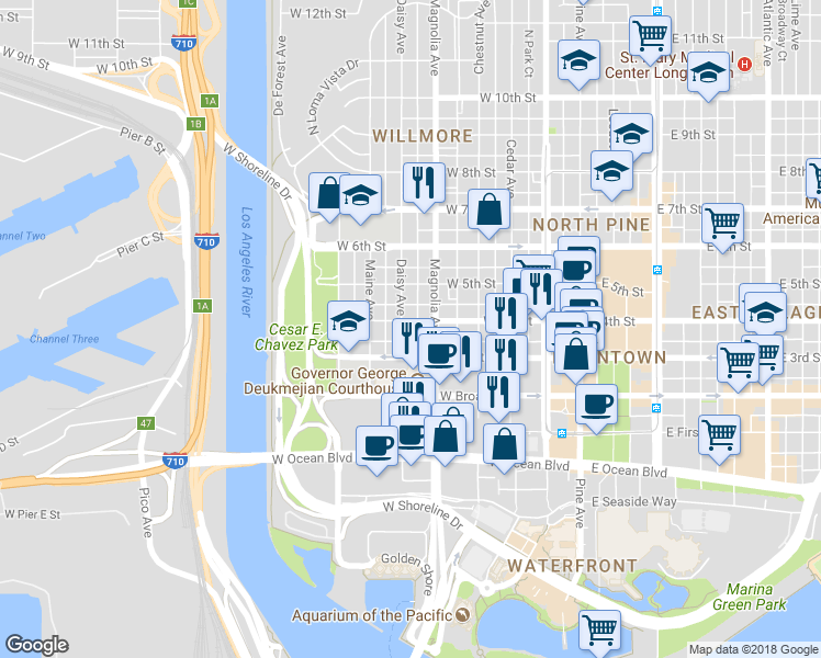 map of restaurants, bars, coffee shops, grocery stores, and more near 348 Daisy Avenue in Long Beach