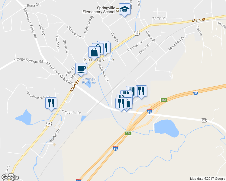 map of restaurants, bars, coffee shops, grocery stores, and more near 112 Robinson Street in Springville