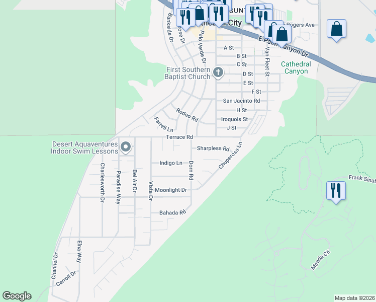 map of restaurants, bars, coffee shops, grocery stores, and more near 38125 Dorn Drive in Cathedral City