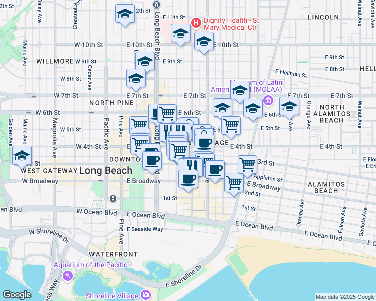 map of restaurants, bars, coffee shops, grocery stores, and more near 317 Linden Avenue in Long Beach
