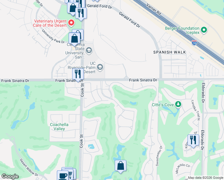 map of restaurants, bars, coffee shops, grocery stores, and more near 365 Muirfield Drive in Palm Desert