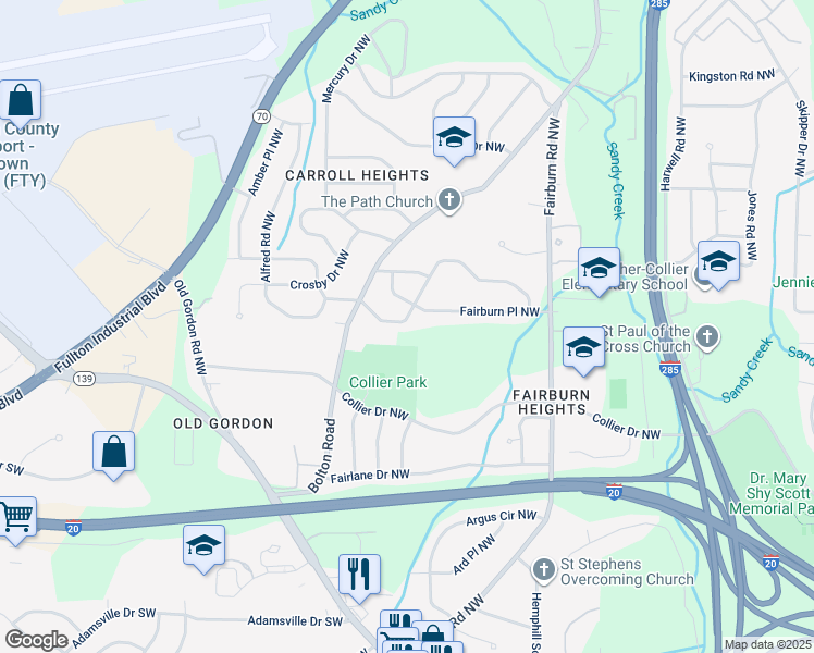 map of restaurants, bars, coffee shops, grocery stores, and more near 3560 Adkins Road Northwest in Atlanta