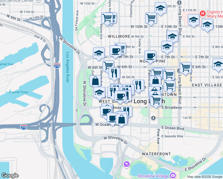 map of restaurants, bars, coffee shops, grocery stores, and more near 348 Daisy Avenue in Long Beach