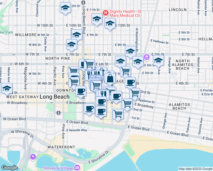 map of restaurants, bars, coffee shops, grocery stores, and more near in Long Beach