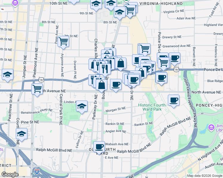 map of restaurants, bars, coffee shops, grocery stores, and more near 511 North Avenue Northeast in Atlanta