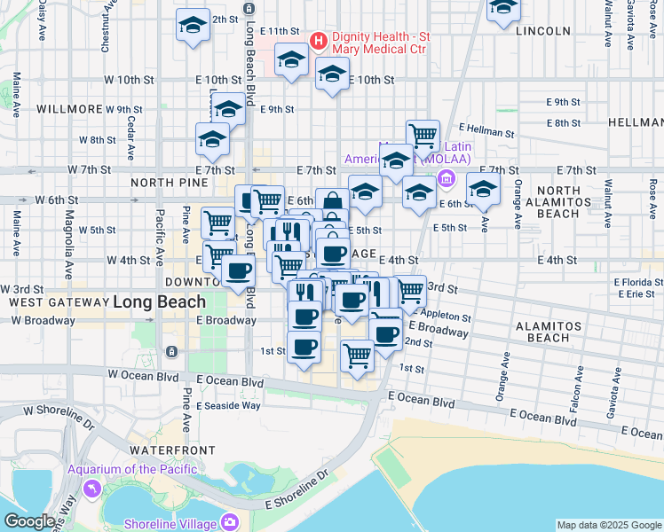 map of restaurants, bars, coffee shops, grocery stores, and more near 375 Atlantic Avenue in Long Beach