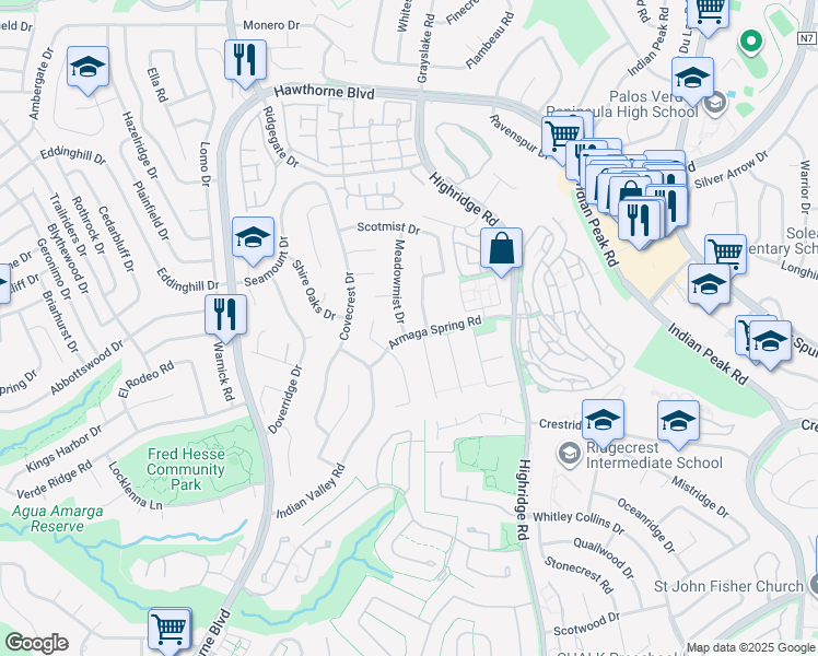 map of restaurants, bars, coffee shops, grocery stores, and more near 28642 Meadowmist Drive in Rancho Palos Verdes