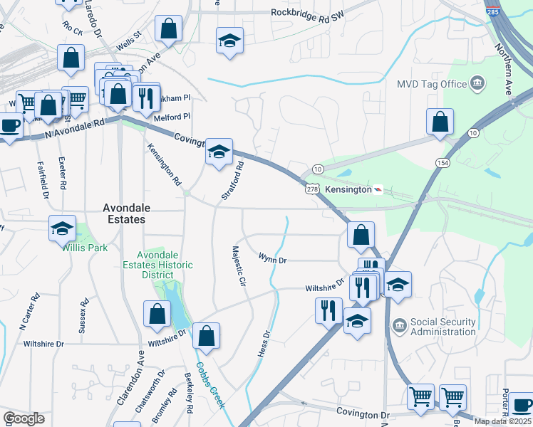 map of restaurants, bars, coffee shops, grocery stores, and more near 3207 Kensington Road in Avondale Estates