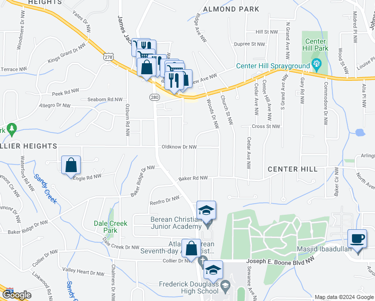 map of restaurants, bars, coffee shops, grocery stores, and more near 2558 Oldknow Drive Northwest in Atlanta