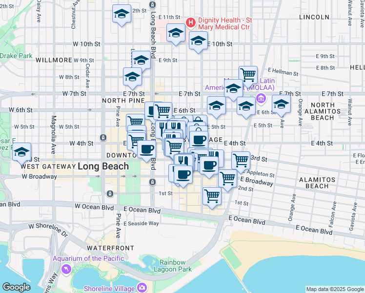map of restaurants, bars, coffee shops, grocery stores, and more near 434 East 4th Street in Long Beach