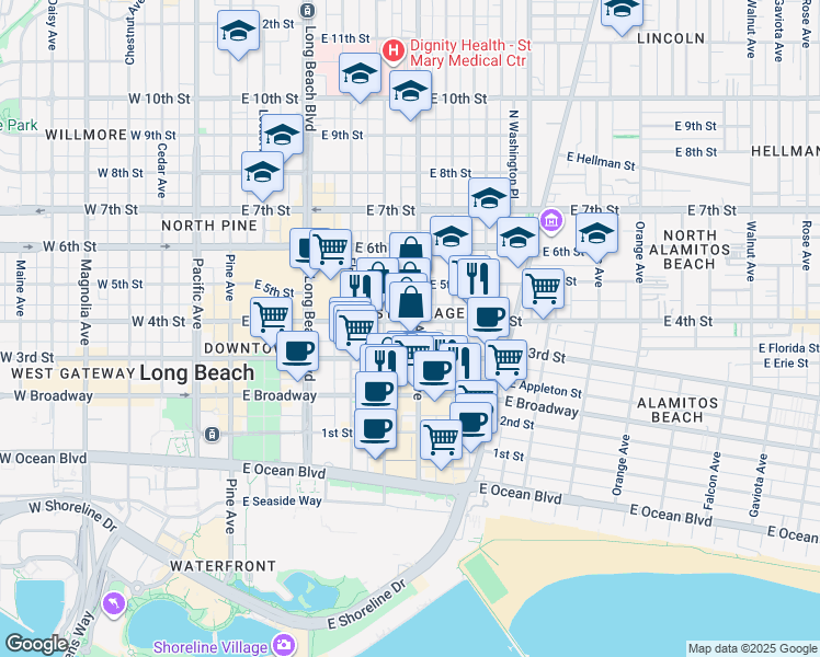 map of restaurants, bars, coffee shops, grocery stores, and more near in Long Beach
