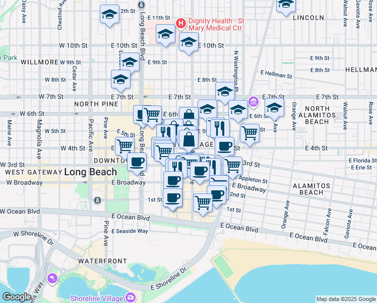 map of restaurants, bars, coffee shops, grocery stores, and more near 375 Atlantic Avenue in Long Beach