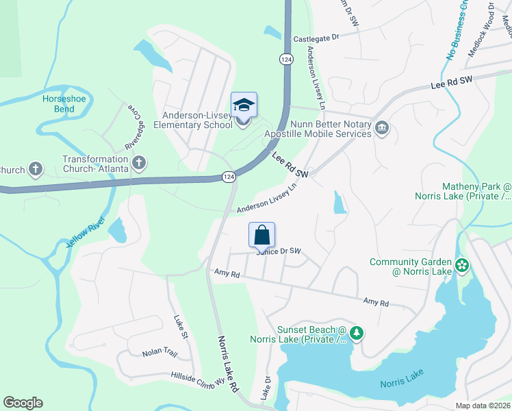map of restaurants, bars, coffee shops, grocery stores, and more near 4620 Anderson Livsey Lane in Snellville