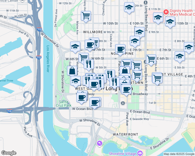 map of restaurants, bars, coffee shops, grocery stores, and more near 436 West 4th Street in Long Beach