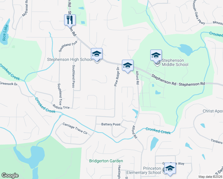 map of restaurants, bars, coffee shops, grocery stores, and more near 817 Pine Ridge Drive in Stone Mountain