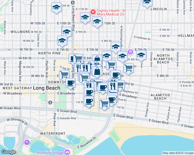 map of restaurants, bars, coffee shops, grocery stores, and more near 375 Atlantic Avenue in Long Beach